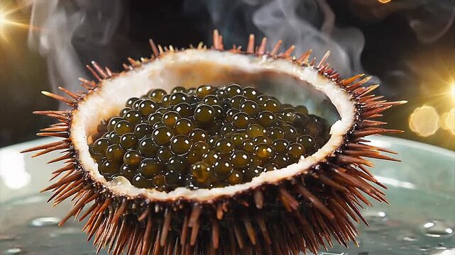 Exquisite dining experience featuring fresh sea urchin caviar, served with a captivating steam effect. This gourmet delicacy is perfect for luxury food promotions, high-end restaurant marketing