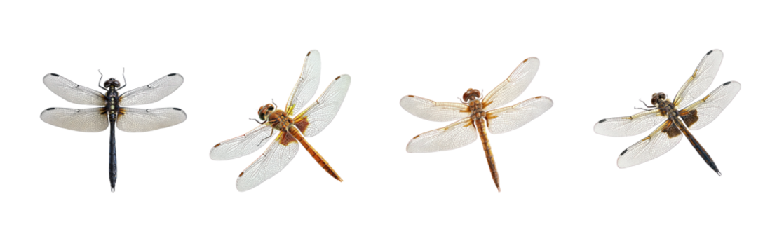 Collection of Dragonfly resting Sits still with wings spread or folded. full length isolate on transparent background