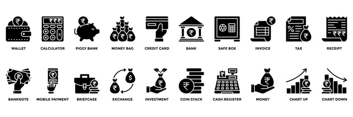 Vector icon set with finance and rupee symbols. Includes wallet, bank, calculator, and credit card icons. Perfect for fintech, apps, accounting, and business projects.