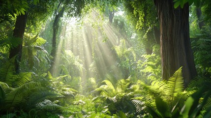 Obraz premium Sunlight Filtering Through Lush Green Forest Canopy Creating a Serene Natural Environment