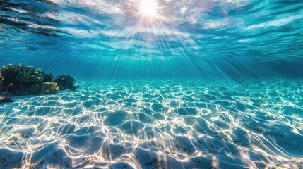 Fototapeta premium Underwater View of Crystal Clear Tropical Water with Sunlight Reflections and Sandy Ocean Floor