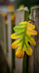 Autumnal oak leaf clings to weathered fence post