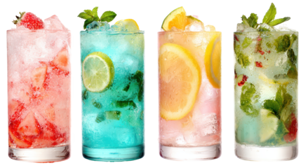 Four colorful refreshing beverages in tall glasses, a perfect summer drink combination