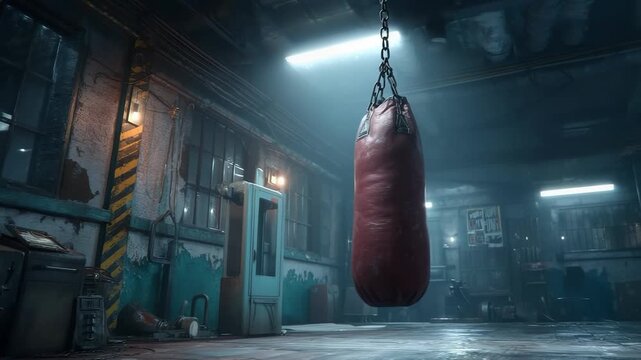 Gritty Boxing Gym with Punching Bag and Atmospheric Lighting in Grunge Style