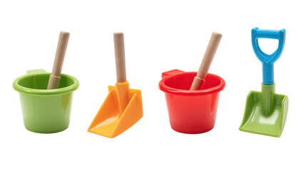 Three colorful plastic buckets and shovels ready for sand play three