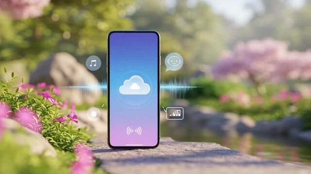 Smartphone displaying cloud audio features in nature