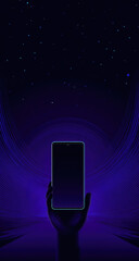 Hand holds phone, dark purple background, starry night