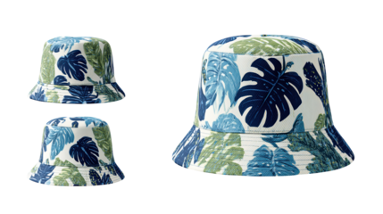 Stylish white and blue tropical print bucket hat, perfect for summer adventures beach vacations