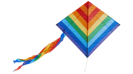 A vibrant rainbow kite soaring gracefully through the clear blue sky on sunny day