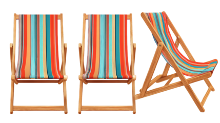 Rustic charm meets vibrant comfort, three wooden chairs with colorful striped cushions