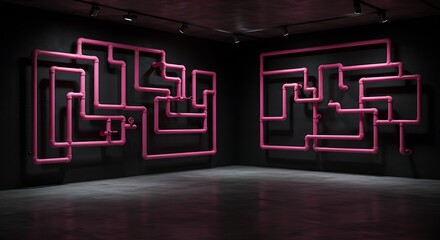Empty room with Pink pipe maze on a black wall. Glamour indastrial background