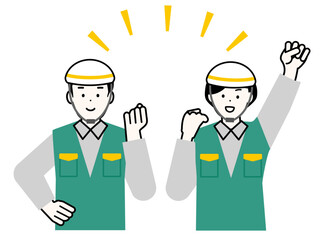 やる気にあふれてガッツポーズをする防災士の若い男性と女性