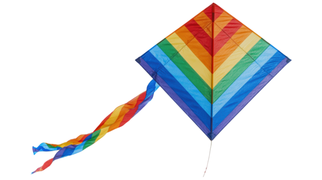 A vibrant rainbow kite soaring gracefully through the clear blue sky on sunny day