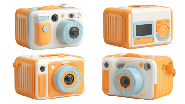 Four views of a camera, front, back, side, and top perspectives for photography four