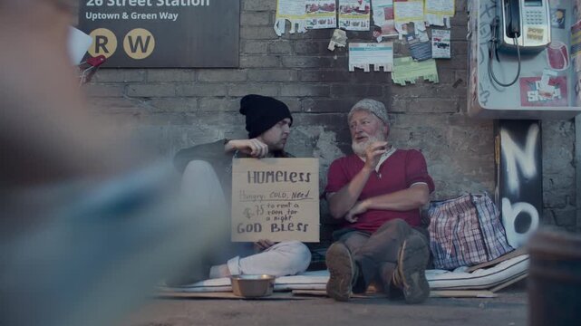 Young homeless man sitting on city street, holding cardboard sign asking for money and talking with elderly friend smoking cigarette beside payphone
