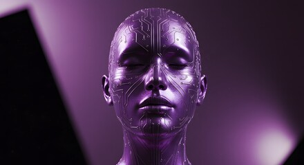 A close up of a purple metallic cyborg head with circuit patterns and closed eyes in soft lighting