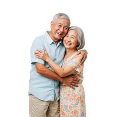 Happy elderly Asian couple hugging and smiling warmly together, standing isolated on a pure white background
