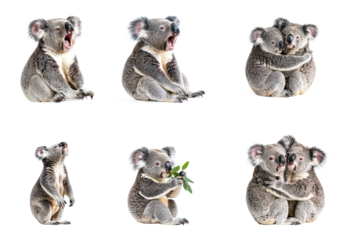 Collection of Koala yawning A koala opens its mouth wide in a relaxed yawn, eyes half-closed. full length isolate on transparent background