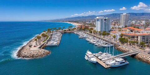 Panoramic aerial view of a vibrant coastal city with a marina filled with yachts and boats, a scenic walkway along a breakwater, and a backdrop of ocean and distant mountains under a clear blue sky