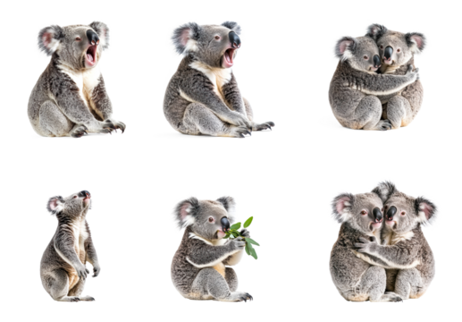 Collection of Koala yawning A koala opens its mouth wide in a relaxed yawn, eyes half-closed. full length isolate on transparent background