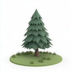 Low Poly 3D Render of a Green Evergreen Tree on Grass