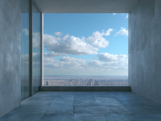Modern concrete balcony with city view