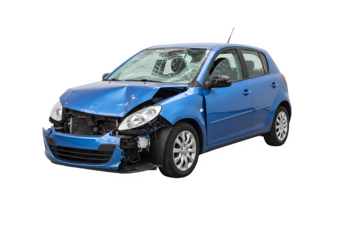 Modern blue car showing extensive damage after crash isolated on white or transparent background. PNG