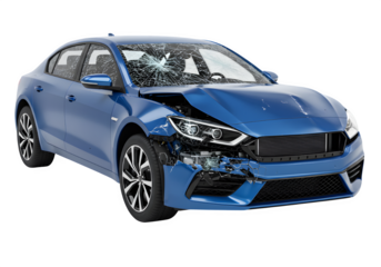 Modern blue car showing extensive damage after crash isolated on white or transparent background. PNG