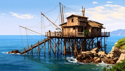 Coastal fishing hut on stilts