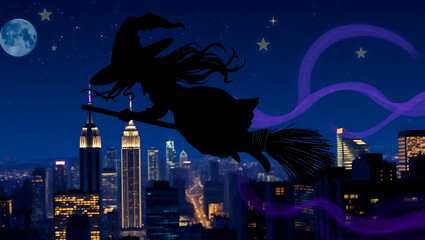 Silhouette of a witch flying over a city skyline at night