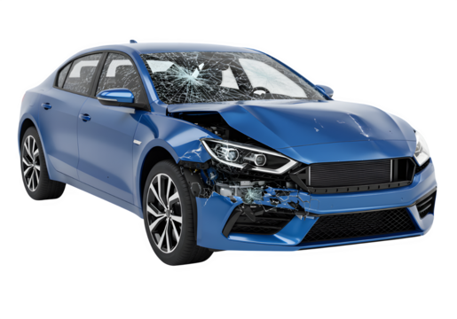 Modern blue car showing extensive damage after crash isolated on white or transparent background. PNG
