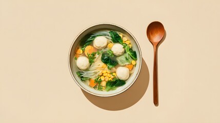 Top-view minimalist composition of fish ball soup with corn and greens.
