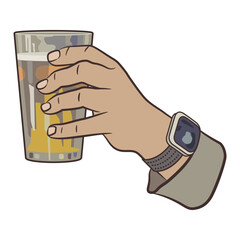 Human male hand wearing wrist watch holding glass of beer. Cheers gesture. Beverage drink design. Cartoon style. Isolated vector illustration.