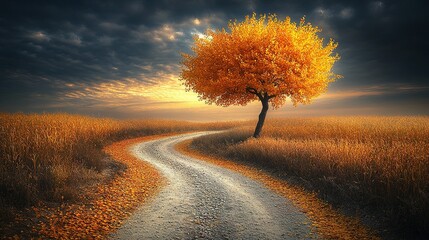 Golden autumnal pathway winding through a field.