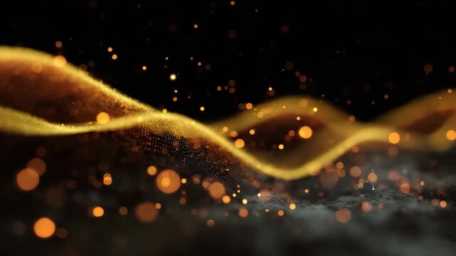 An enchanting abstract visual of glowing golden waves illuminated by specks of light, evoking a sense of luxury and allure while representing the beauty of fluid motion.