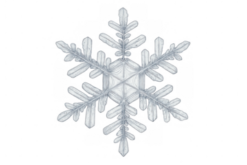 Detailed macro photograph of a stunning snowflake crystal, showcasing its intricate and unique design on a transparent background