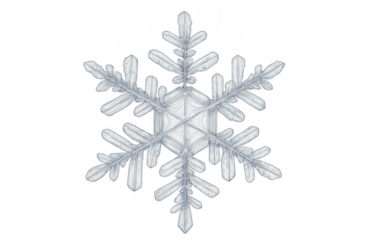 Detailed macro photograph of a stunning snowflake crystal, showcasing its intricate and unique design on a transparent background