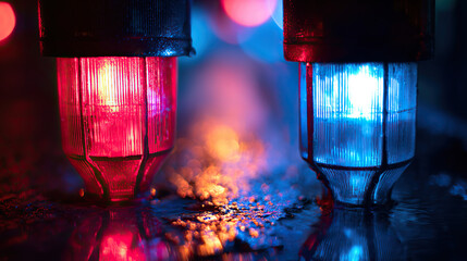 Blue and red reflections on wet pavement at night, evoking a dramatic and cinematic urban mood.