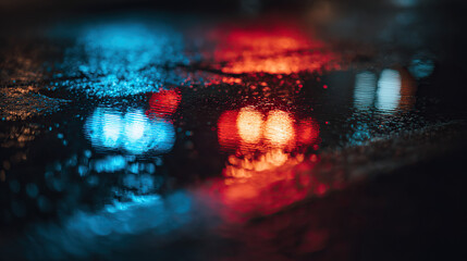 Blue and red reflections on wet pavement at night, evoking a dramatic and cinematic urban mood.