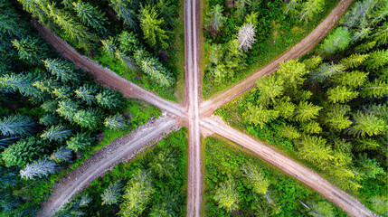 Aerial view of diverging forest paths at golden hour, symbolizing life choices and natural beauty.