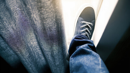Denim fabric texture with casual footwear arranged diagonally in soft natural light.