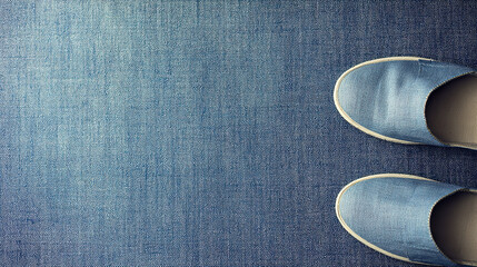 Denim fabric texture with casual footwear arranged diagonally in soft natural light.