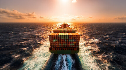 Massive cargo vessel navigating ocean waves under golden sunset, showcasing stacked containers in maritime setting.