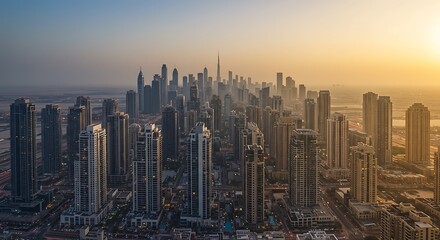 Obraz premium Panorama showing Dubai's business bay and downtown towers aerial morning . Rooftop view of some skyscrapers and new buildings under construction with thaditional houses of old town district
