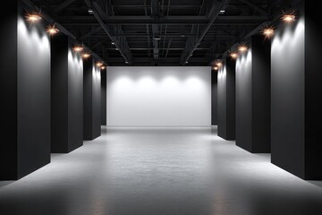 Empty gallery space, black walls, white center