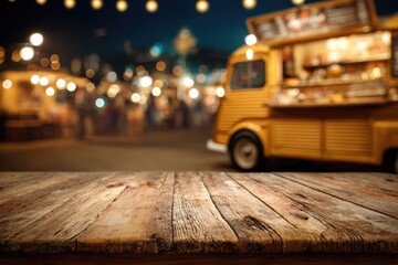 Empty wooden table, blurred food truck, night market