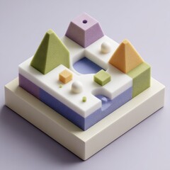 Miniature landscape, pastel colors, geometric shapes