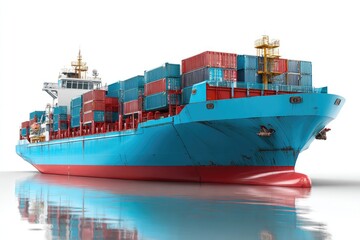Teal cargo ship with containers, reflected in water