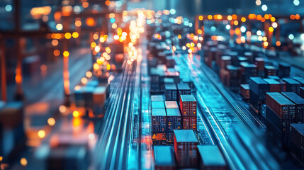 A bustling port with rows of cargo containers and illuminated lights at night, with a focus on a single container in the foreground.