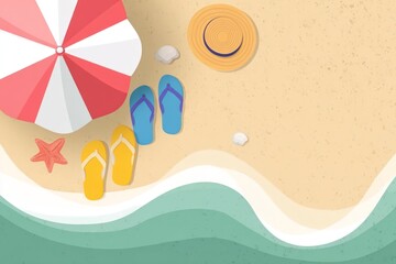 A beach scene with an umbrella hat flipflops starfish seashells and waves
